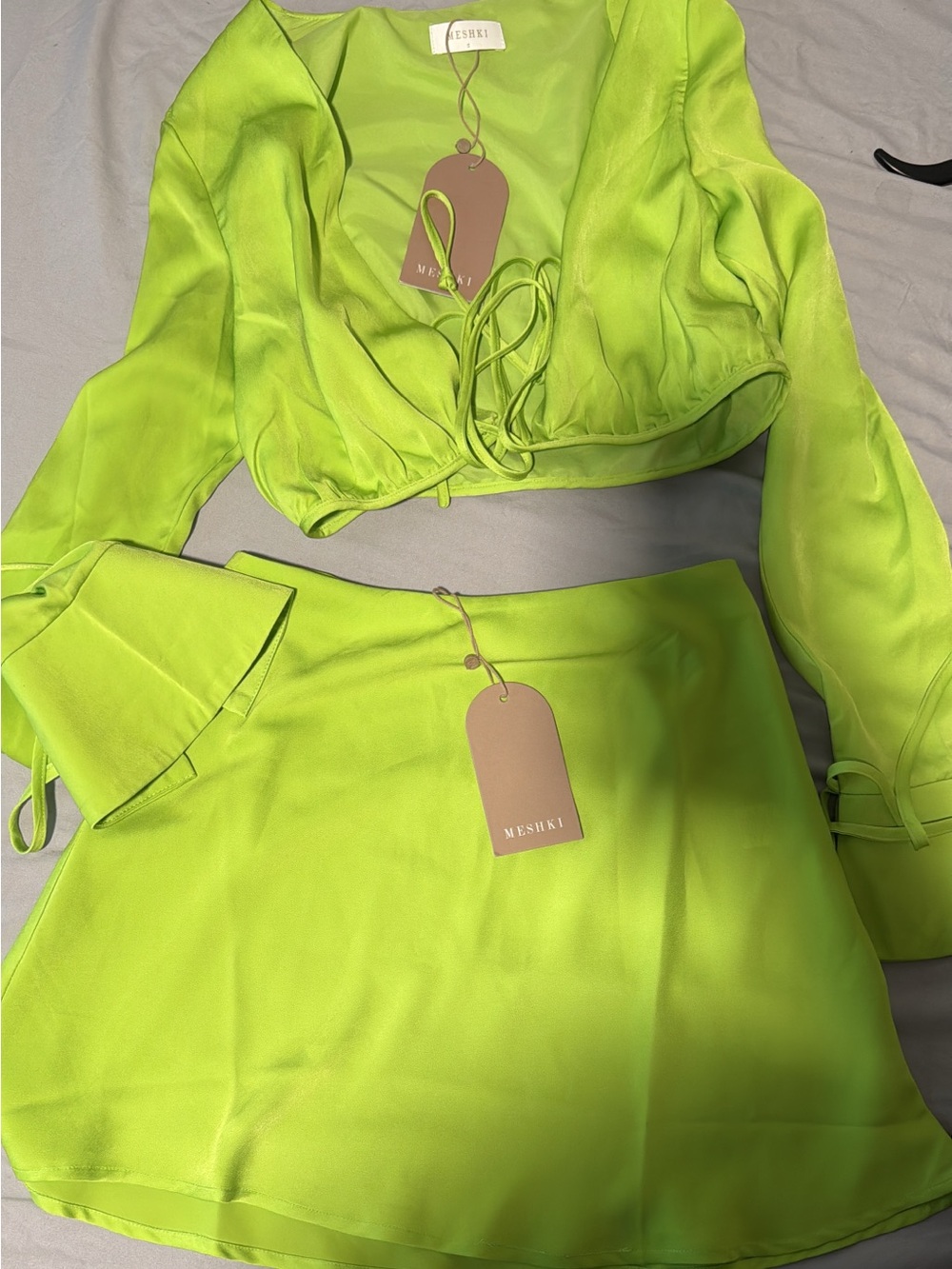 Meshki Neon Lime Satin Mini Skirt